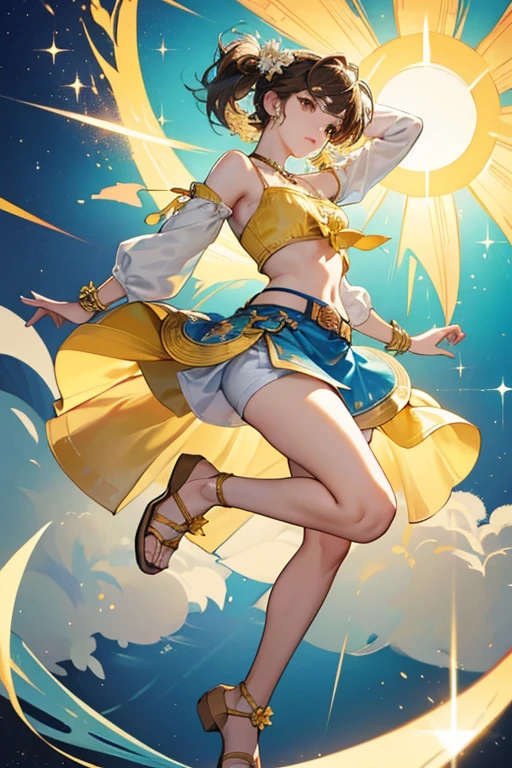 Josie is a slight young woman with short, dark brown hair and and brown eyes. Josie wears a yellow, bell-sleeved, rounded v-neck midriff with a white floral design along the edge of the sleeves and neckline, and a red bikini top underneath. Paired with this are a light blue and red skirt with a red rope belt tied into flower-shaped knots. The belt meets at the front in a gold, sun-shaped buckle and have two white flowers at the hips designed after the "Sampaguita", the national flower of the Philippines, which is also the inspiration for the floral designs on her top. Her shoes are brown warrior sandals with sun designs at the knee and ankles. She also wears blue short shorts underneath the light blue skirt.

Josie also wears a golden sun necklace, matching golden sun earrings, and golden bracelets on both of her wrists. SPARKLE; GLITTER