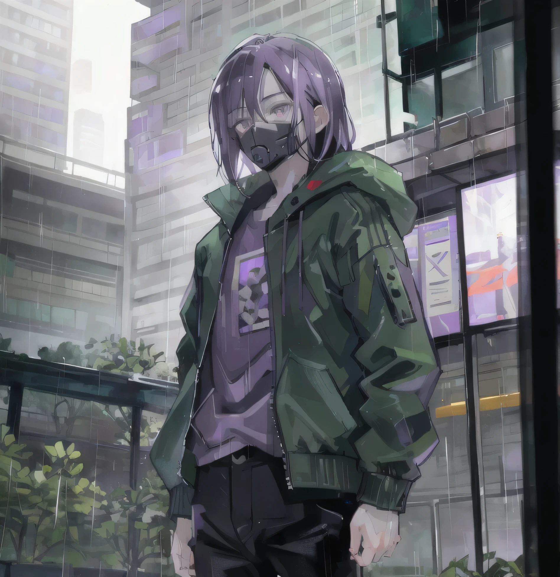 Anime, young boy , dark purple shoulder length hair, purple eyes, dark green jacket, gas mask, black pants, in the rain, rain city, grey sky, detailed, 4k, masterpiece,