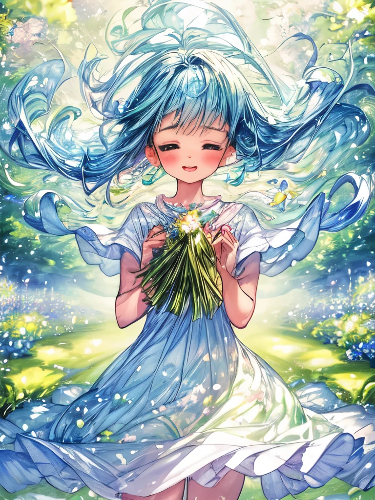 a beautiful and serene image capturing the essence of spring with blooming flowers, vibrant greenery, and clear blue skies. The image should exude a sense of freshness and renewal, with a gentle breeze rustling the petals and leaves. The colors should be soft and pastel, evoking a feeling of tranquility and joy. girl