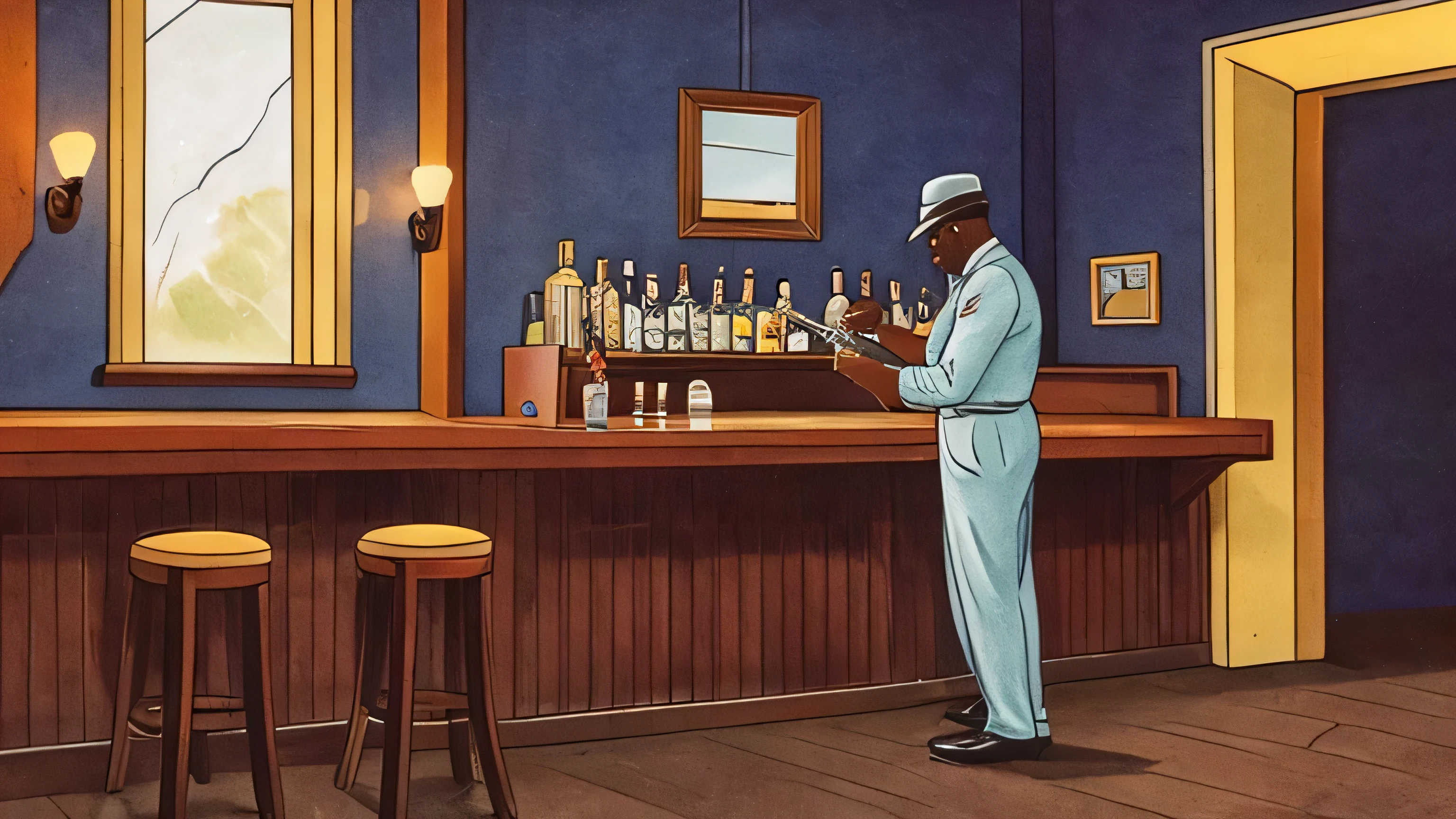 An old black man playing a trumpet in the corner of a dilapidated bar in a poorly lit 1950s era、A dimly lit bar、In illustration、Overall depiction of the bar