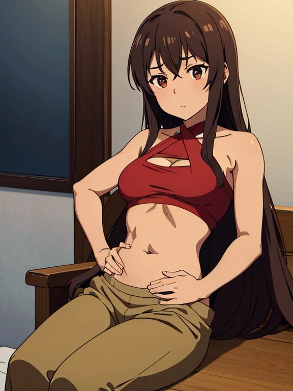 masterpiece, high quality) brown skin anime girl in a halter top and trousers, famished in hunger, (gently resting hands on stomach), (long hair), (hands on her stomach)