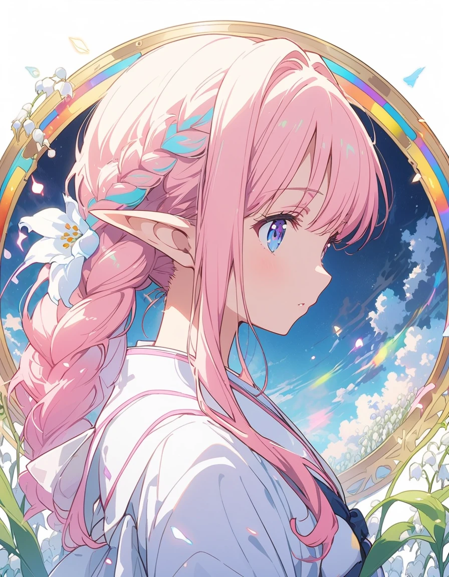 Elf girl profile logo, blue eyes, long blond, (Lily of the valley:1.4)、Circular frame Ivy, Art Nouveau, article "Pink Girl"、(highest quality、masterpiece、High resolution、detailed)、animeスタイル、Flat Style、(The eyes shine with rainbow colors、Illuminated by light,detailed美しい顔),  break,Dynamic Angle、extremely detailed、The return of happiness、anime