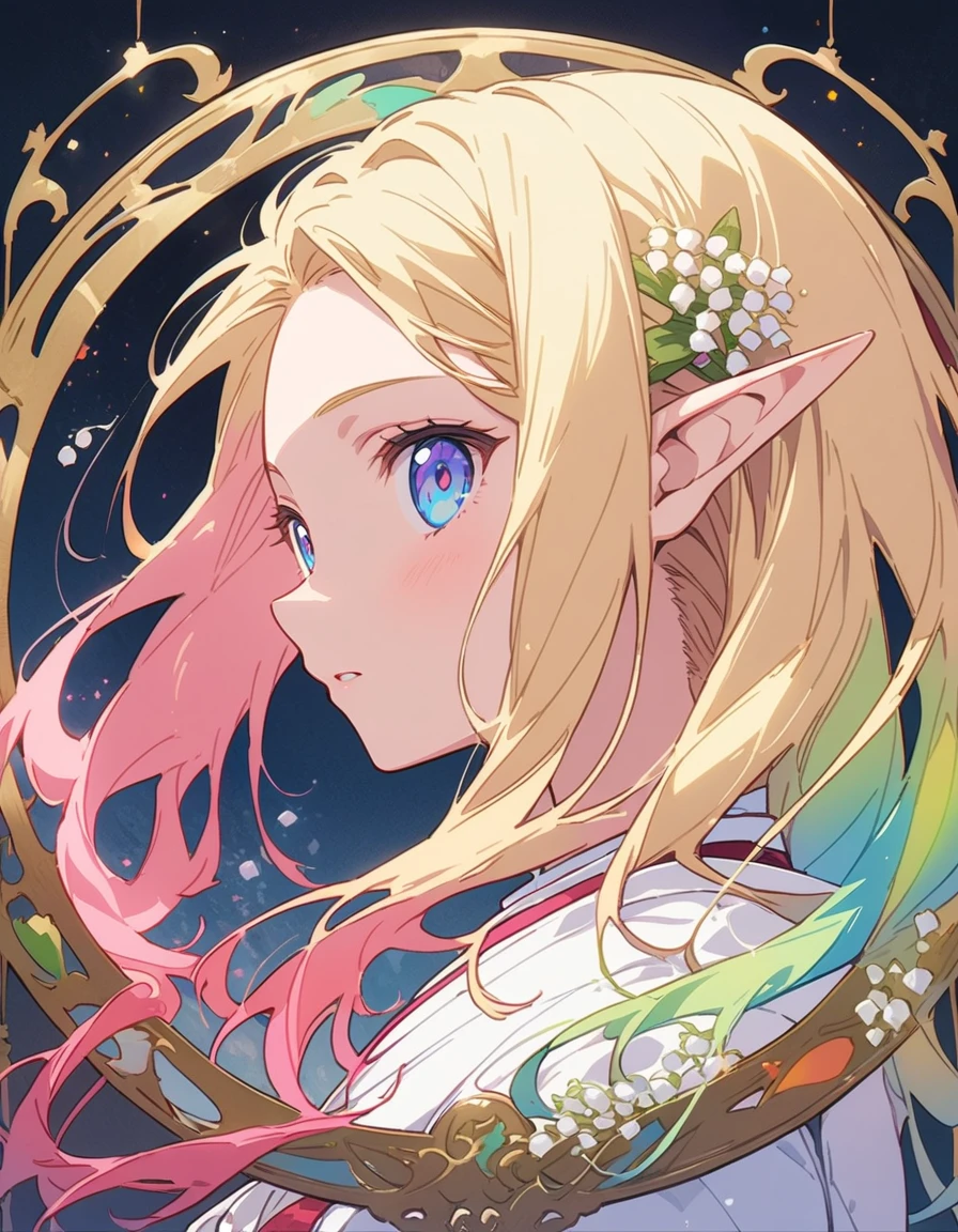Elf girl profile logo, blue eyes, long blond, (Lily of the valley:1.4)、Circular frame Ivy, Art Nouveau, article "Pink Girl"、(highest quality、masterpiece、High resolution、detailed)、animeスタイル、Flat Style、(The eyes shine with rainbow colors、Illuminated by light,detailed美しい顔), break,Dynamic Angle、extremely detailed、The return of happiness、anime