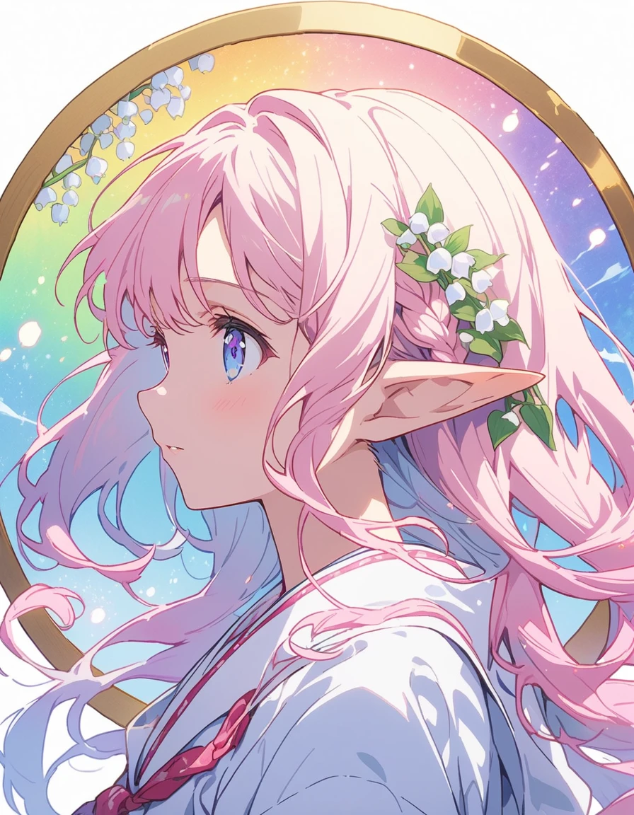 Elf girl profile logo, blue eyes, long blond, (Lily of the valley:1.4)、Circular frame Ivy, Art Nouveau, article "Pink Girl"、(highest quality、masterpiece、High resolution、detailed)、animeスタイル、Flat Style、(The eyes shine with rainbow colors、Illuminated by light,detailed美しい顔),  break,Dynamic Angle、extremely detailed、The return of happiness、anime