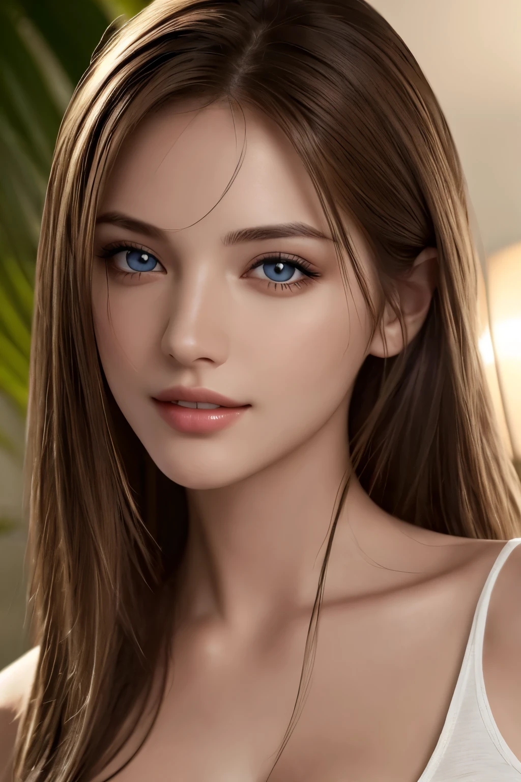 Super realistic eyes, Fashion model 25 years old [[[[close-up]]], [[[[chest]]]], [[[[neck]]], [shoulders]]]]], Perfect eyes, Perfect iris, Perfect lips, Perfect teeth, Perfect skin, Soft front light, Glow, HDR, (Soft color: 1.2), Best quality, masterpiece, ultra high res, (photorealistic:1.37), raw photo, 1girl, long hair, beautifull eyes,  beautifull face, detailed eyes and face, t-shirt, dynamic lighting, in the dark, table top, highest quality, realistic, Super detailed, finely, High resolution, 8k wallpaper, 1 beautiful woman, light brown messy hair, He is wearing an open-necked shirt., sharp focus, perfect dynamic composition, beautiful and detailed eyes, thin hair, Detailed realistic skin texture, smile, close-up portrait, model body shape, mile, close-up portrait, model body shape, body shape,cleavage, tropical beach, thin and long legs Translated with DeepL.com (free version)
