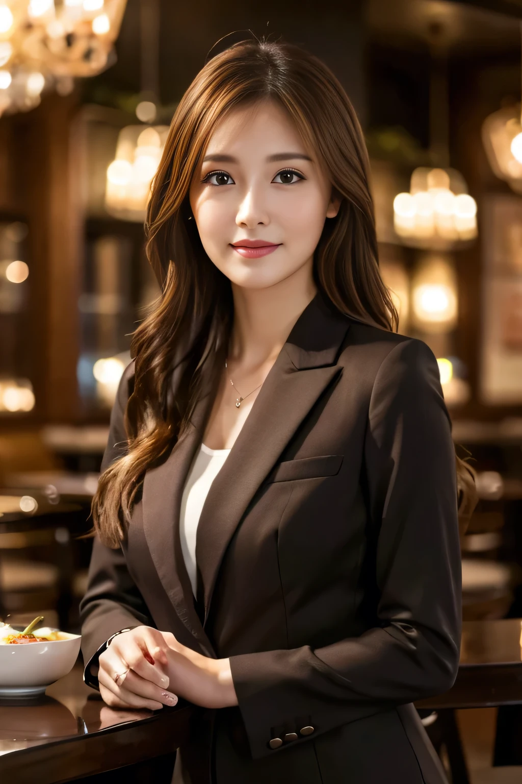 masterpiece, highest quality, Realistic, Very detailed, Finer details, High resolution, 8k wallpaper, One beautiful woman, Wear casual business attire, In a great restaurant, At night, Light brown messy hair, Perfect dynamic composition, Beautiful and beautiful eyes