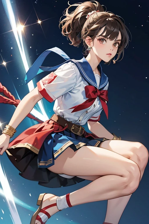 Josie is a slight young woman with short, dark brown hair and and brown eyes. outfit in which her top is light blue, and her skirt is now red and white. The shorts underneath her skirt and the rope belt around the skirt are now dark blue and her warrior sandals are also red and white. All of her jewelry, excluding her earrings, is now silver. SPARKLE; GLITTER