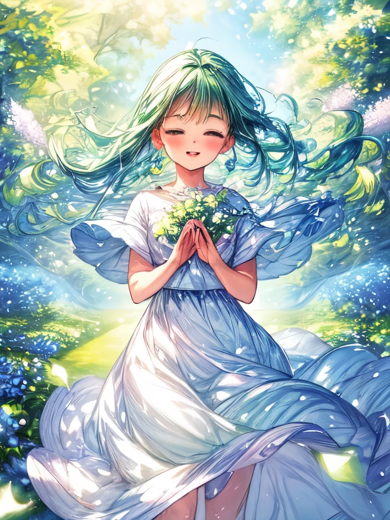 a beautiful and serene image capturing the essence of spring with blooming flowers, vibrant greenery, and clear blue skies. The image should exude a sense of freshness and renewal, with a gentle breeze rustling the petals and leaves. The colors should be soft and pastel, evoking a feeling of tranquility and joy. girl