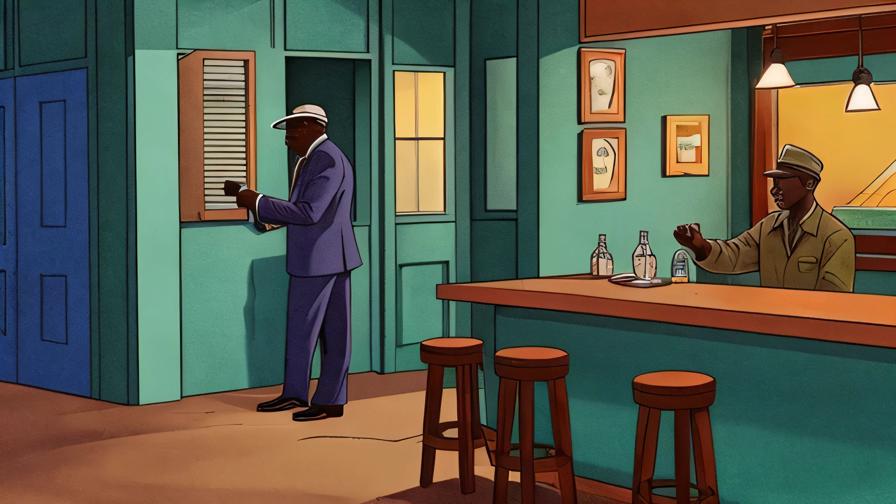 An old black man playing a trumpet in the corner of a dilapidated bar in a poorly lit 1950s era、A dimly lit bar、In illustration、Overall depiction of the bar