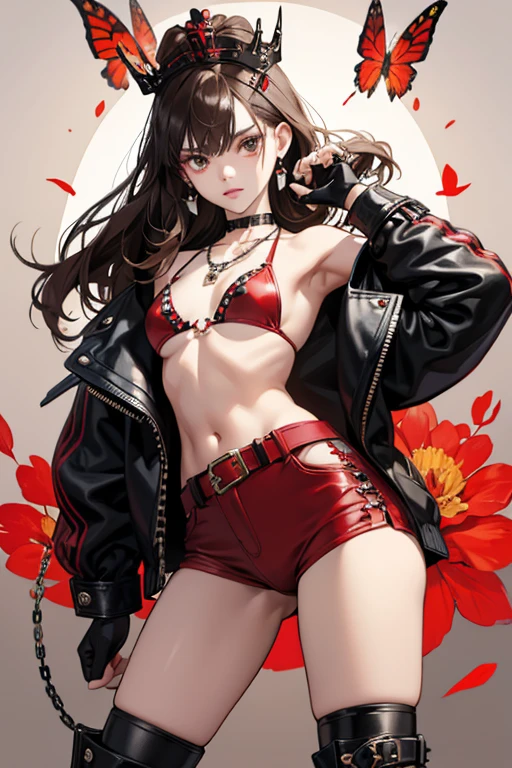 Josie is a slight young woman with short, dark brown hair and and brown eyes. outfit consists of a short, black, leather jacket with studded lapels paired with elbow pads that bear a design of crossed bones on them, and studded black and red gloves with a flower design on the back that are belted at the wrist. On the back of this jacket is the design of a skull with a crown surrounded by red butterfly wings. Under her jacket she wears a short red bikini top that is tied in the middle and bears white skull and crossbones designs. Josie also wears leather pants with knee pads bearing the same crossbones design as her elbow pads, studded platform boots with one buckle at the top and two at the ankle along the sides, a red belt with a circular buckle, and a small teddy bear chain attached to her belt loop. On her back left pocket is a stylized skull and crossbones design with a red bow. This outfit is accessorized with black circular earrings with a skull in the center and a black necklace with heart and skull charms. SPARKLE; GLITTER