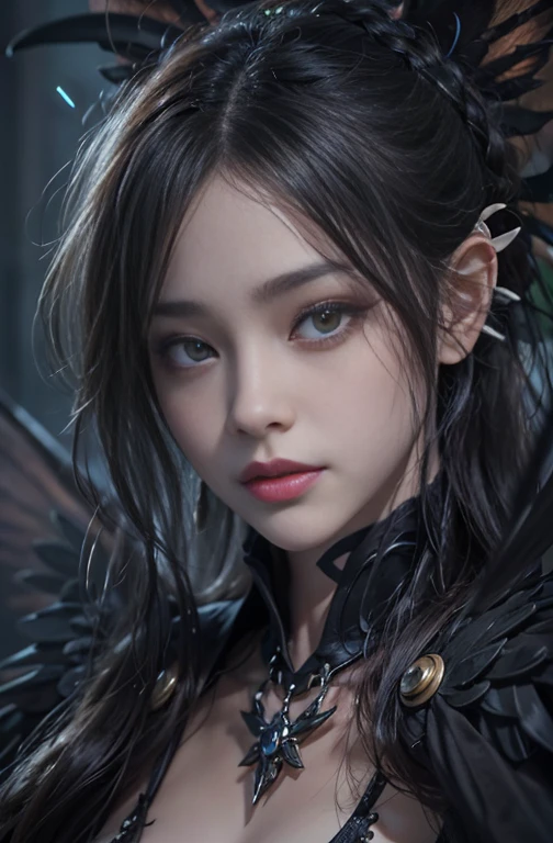 (masterpiece:1.3), (8k, Photorealistic, Raw photo, Best image quality: 1.4), Fair-skinned fairy woman、long Hair blowing、Hair flowing in the wind、Cleavage:2.0、Super detailed face、Attention to detail、double eyelid、Put your chest together、Sharp focus:1.2、Beautiful woman:1.4、 brunette hair、highest quality、masterpiece、超A high resolution、(Photorealistic:1.4)、Highly detailed and professionally lit smile, gothic costume、dark street ,Shoulder out、thin、Serious expression、black Goth Fashion：1.2 , Short-haired、Deadly position, gorgeous necklace , one person、whole body, Enormous black angel wings from the latissimus dorsi、rainy , yellow eye、2 hands, perfect fingers.