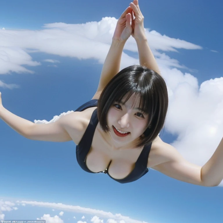 A cute, beautiful, voluptuous Japanese woman in her 20s with medium-long bob cut hair was skydiving at 4000 meters above the ground.、They are having so much fun that they are spreading their arms and legs out in excitement.