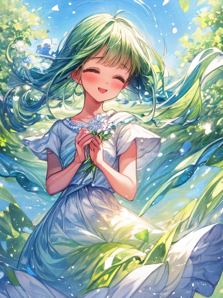 a beautiful and serene image capturing the essence of spring with blooming flowers, vibrant greenery, and clear blue skies. The image should exude a sense of freshness and renewal, with a gentle breeze rustling the petals and leaves. The colors should be soft and pastel, evoking a feeling of tranquility and joy. girl