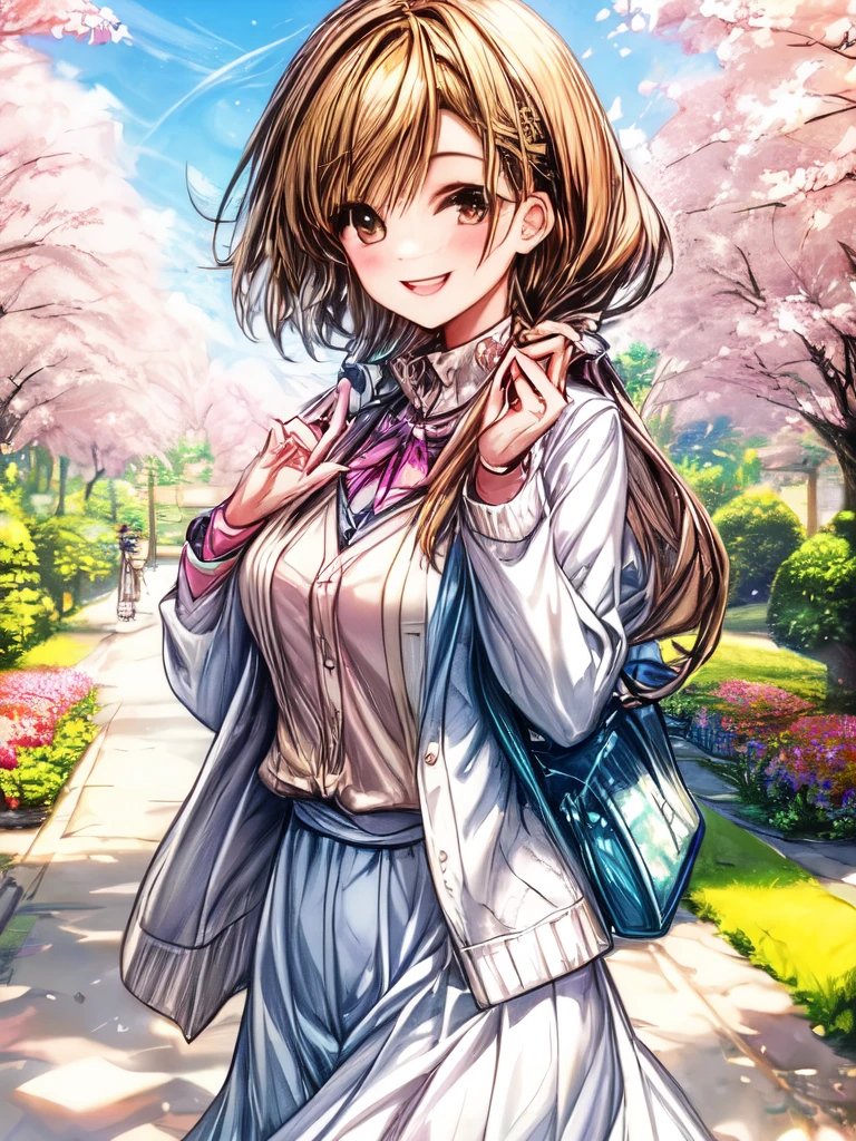 A quiet girl wearing a cardigan with a smile on her face, standing in a sunny garden surrounded by colorful flowers.