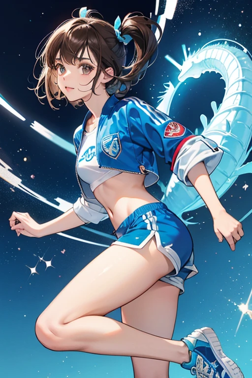 Josie is a slight young woman with short, dark brown hair and and brown eyes. s a casual outfit consisting of a short-sleeved, blue, zip-up training top with the design of a white seahorse accompanied by three red hearts on the left of her chest. This is paired with blue shorts with light blue trim and a light blue drawstring with a red and white life preserver design on the left leg. In this outfit Josie wears blue high-top sneakers with light blue shoestrings, toes, and sole. SPARKLE; GLITTER