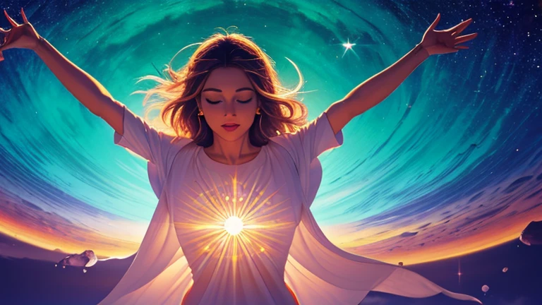 obra de arte, melhor qualidade, 1 mulher, linda, Medium shot, olhos fechados, expression of relief, calma, open arms in an attitude of liberation, delivery and surrender, luz saindo do seu chakra cardiaco no centro do peito, releasing energetic fluids of light