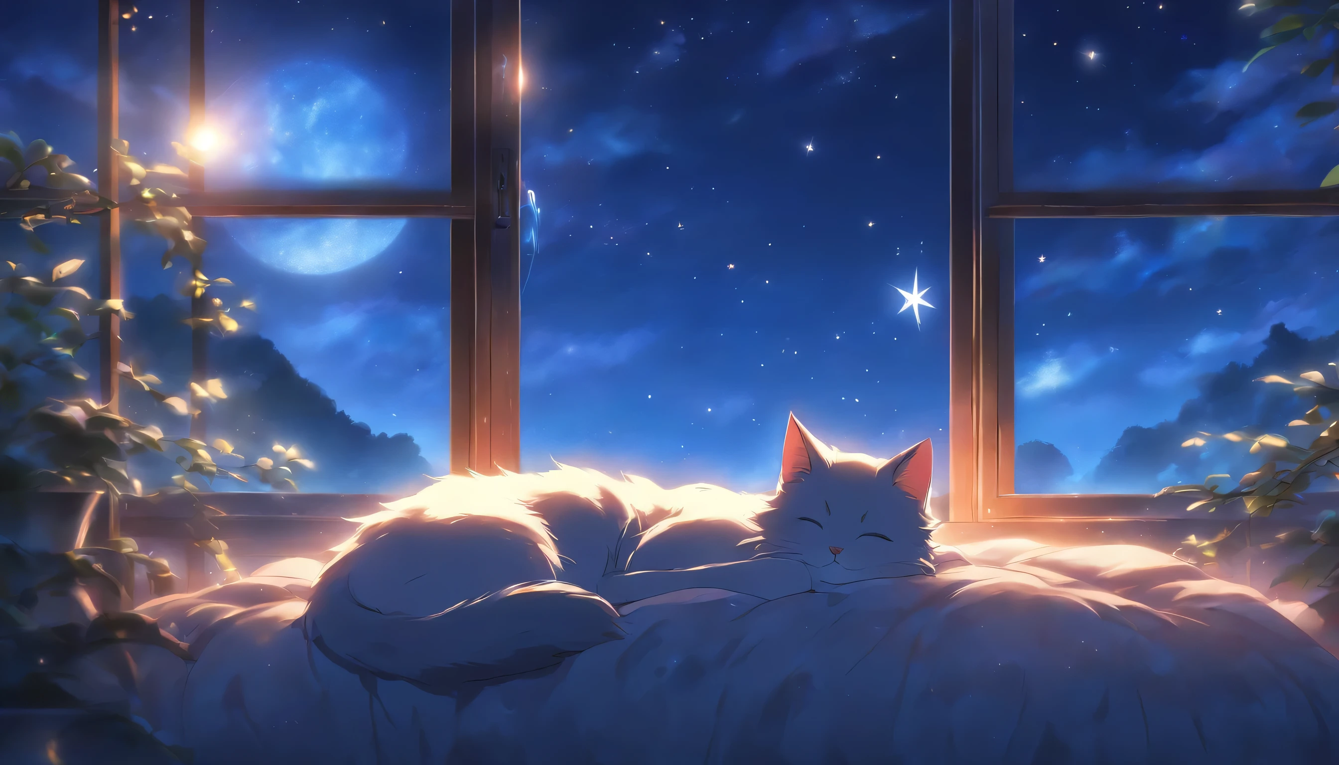 (Peaceful Dreams,Tranquility at Night,Tranquility,peaceful sleep),(highest quality,Very detailed,Realistic),(Painting),(Shining Star,Gentle moonlight),(Soft pillow,Comfortable bed,Dreamy atmosphere),(Tranquility,Luxurious sleep),(Peaceful and serene),(Subtle colors,Dark and warm tones),(Soft and diffuse lighting)、Beautiful night view from the window、A cat is sleeping happily、Beautiful blue night sky