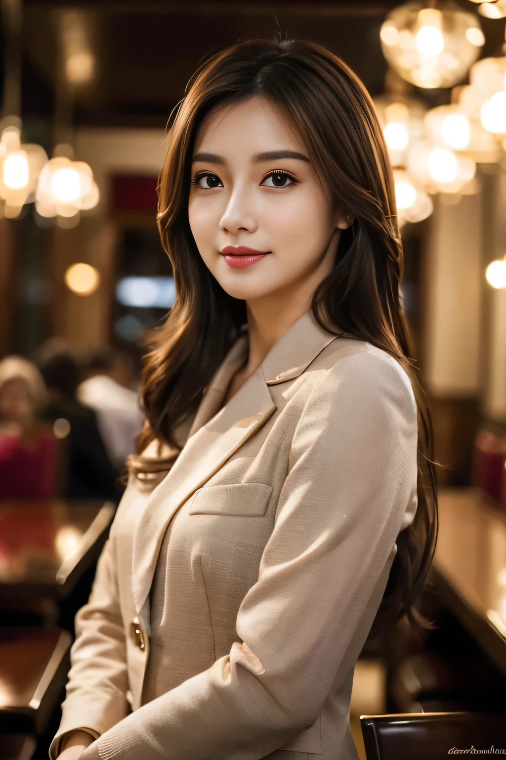 masterpiece, highest quality, Realistic, Very detailed, Finer details, High resolution, 8k wallpaper, One beautiful woman, Wear casual business attire, In a great restaurant, At night, Light brown messy hair, Perfect dynamic composition, Beautiful and beautiful eyes