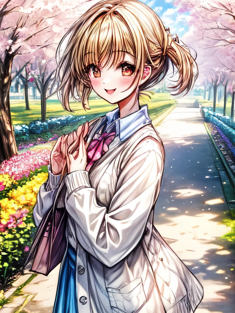 A quiet girl wearing a cardigan with a smile on her face, standing in a sunny garden surrounded by colorful flowers.