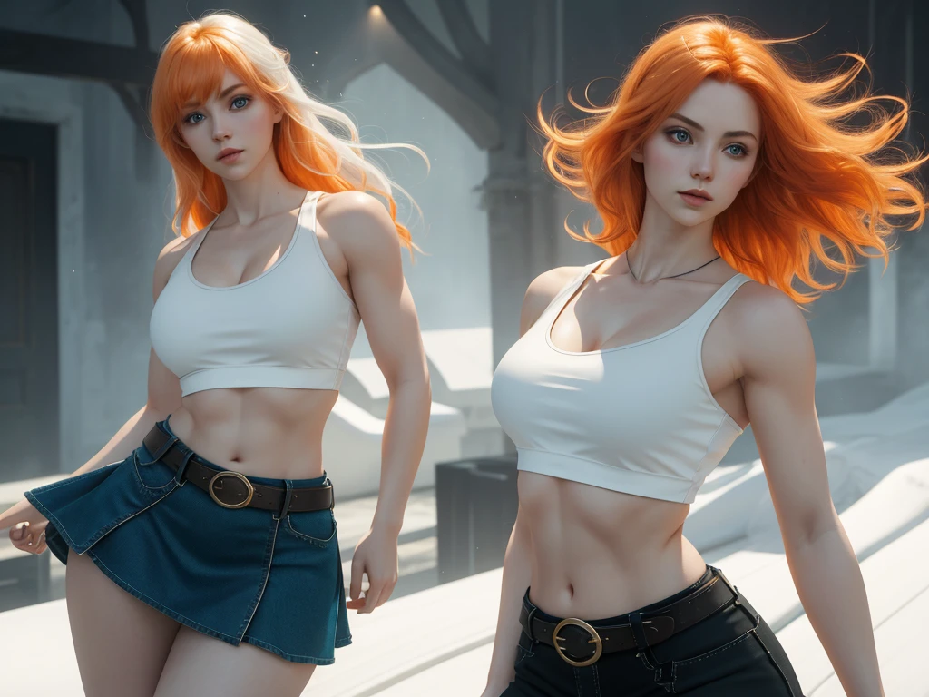 Photorealistic, Ultra realistic, 16k, high quality, cinematic lights, dream atmosphere, dream aesthetic, 1girl, pale-orange hair, realistic silky hair(orange), cute pale-turquoise eyes (shiny look), long flowing hair(realistic), pale-white skin illuminated, realistic textured skin, realistic shading, alternative outfit, cleavage, large natural breasts, (white crop top:1.2), bare shoulders, black midriff, blue miniskirt, realistic textures, belt, 16k resolution, detailed face and eyes, muscular female body, strong arms, lean belly, big hips, muscular thighs, thick legs, full body, realistic, style-paintmagic, different positions at different types of angles. 