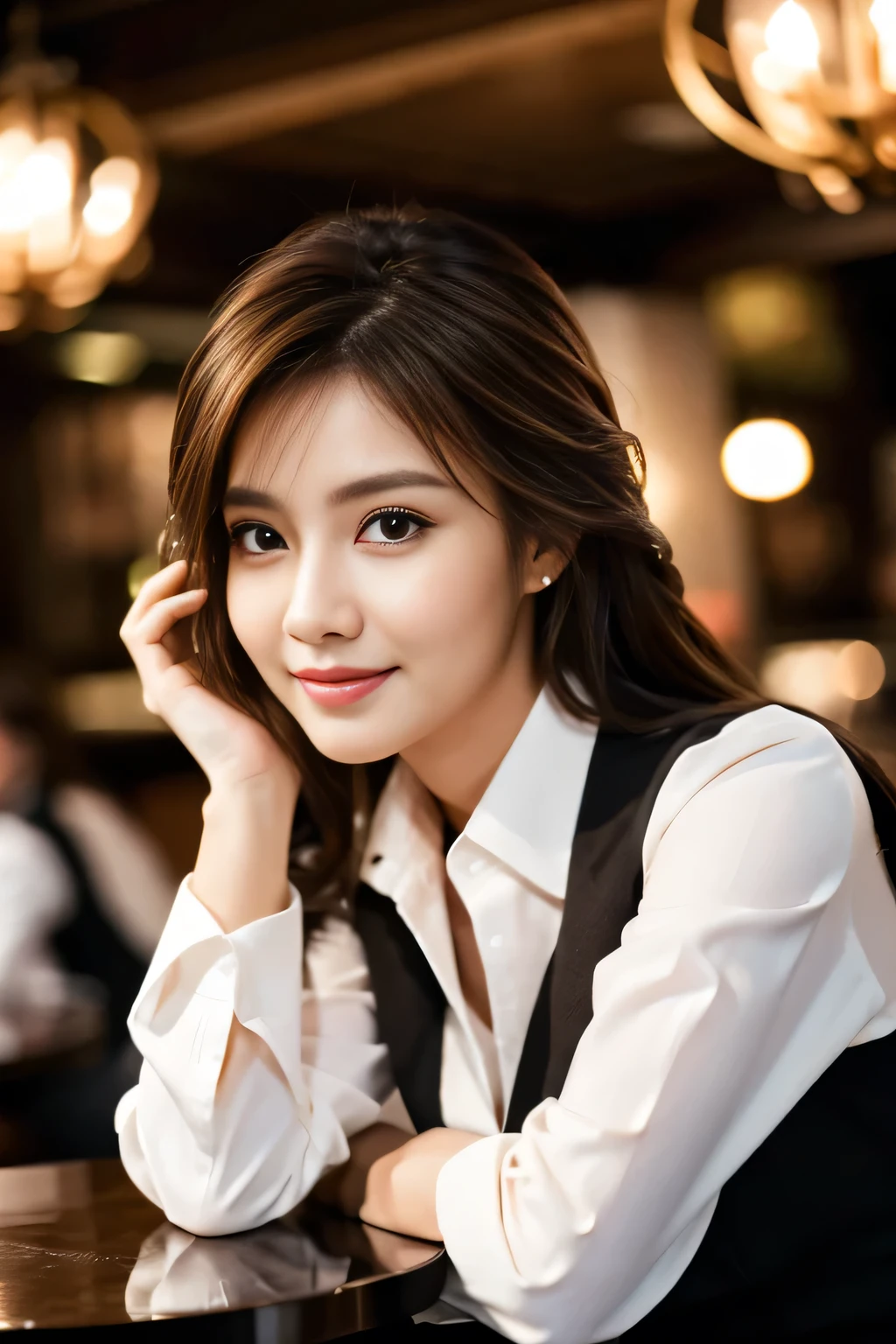 masterpiece, highest quality, Realistic, Very detailed, Finer details, High resolution, 8k wallpaper, One beautiful woman, Wear casual business attire, In a great restaurant, At night, Light brown messy hair, Perfect dynamic composition, Beautiful and beautiful eyes