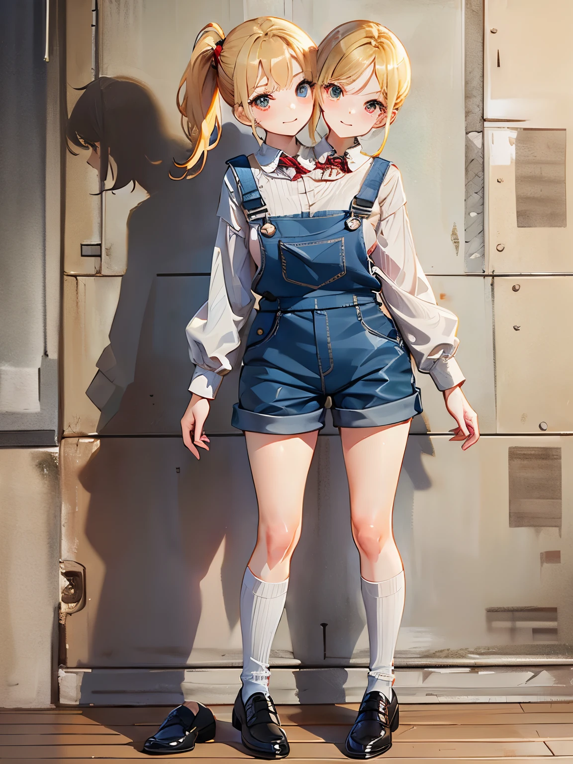 best quality, (masterpiece),(ultra-detailed), (high quality), (high resolution), (2heads:1.5), shoes with long socks, blue overalls, white shirt with red stripes, ponytail, blonde hair, ((ite figure)), standing up, full body, short girl,