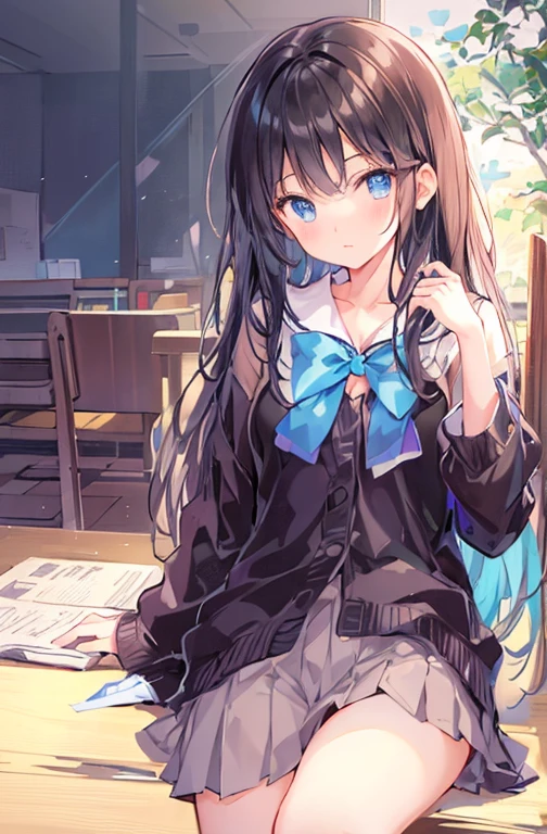 Soft thighs、eveningの中学校の教室、evening、Soft sunlight、this girl is too cute、Also, The in the library the other day、Her cleavage is visible through the gap in her clothes as she bends forward.