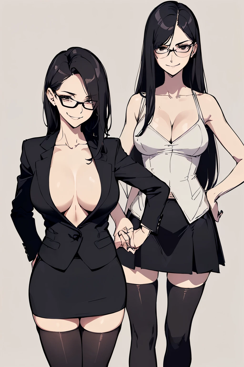((best quality)), ((masterpiece)), ((detailed)), (((perfect face))), (((slender, beautiful middle aged woman))), (((cleavage))), (((wearing black suit))), ((tight skirt))), (((glasses))), ((black hair)), ((((stockings)))), (((smirking))), ((skinny thighs)), (((standing))), (((blank background))), (((hands on hips))), (((medium bust)))