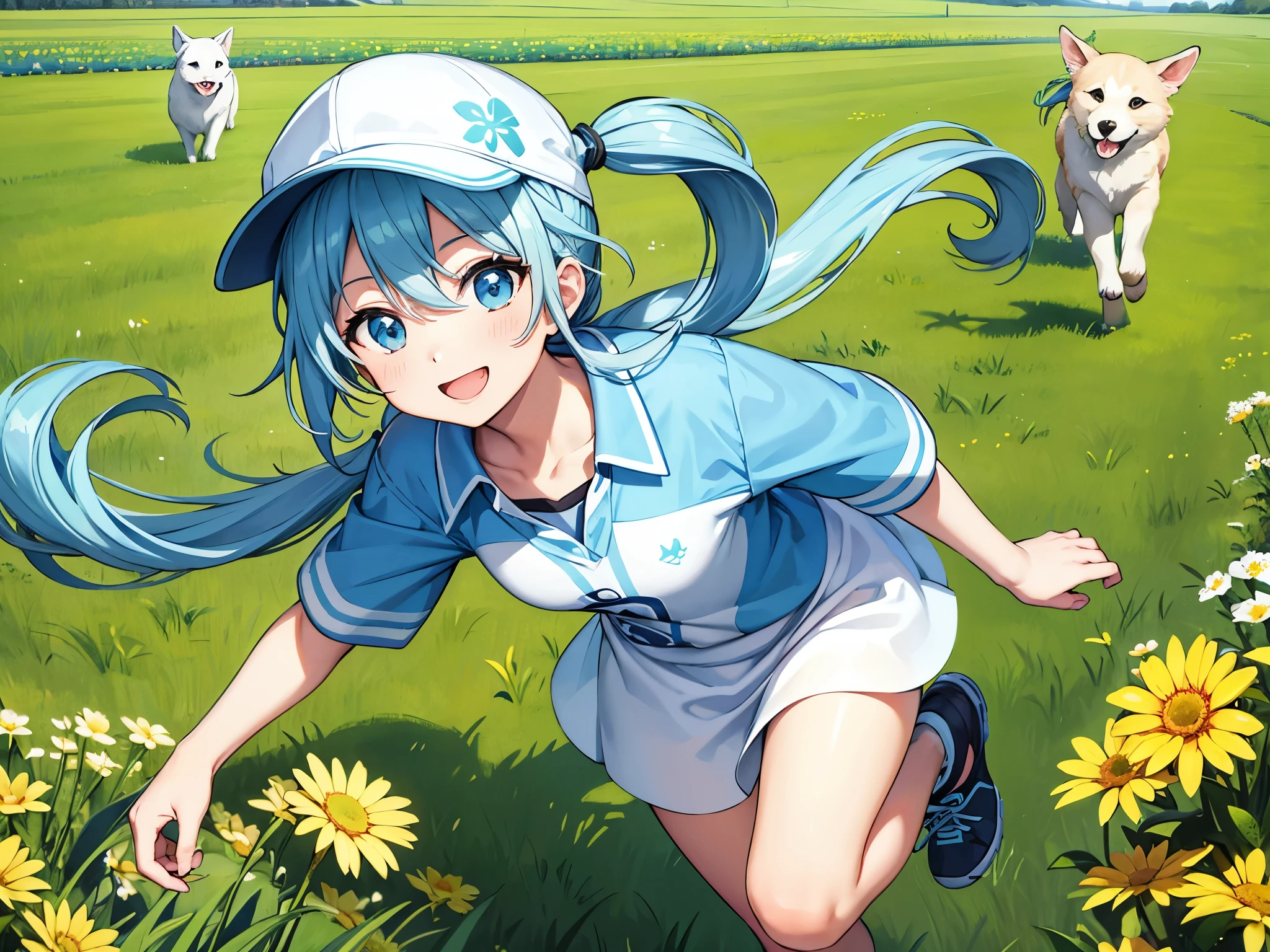 Light blue long hair、Beautiful girl with twin tails、Bright smile、Wearing a cap, he is running through a green field full of flowery dog is also running happily with me.、Bigger in the center、looking at the camera、