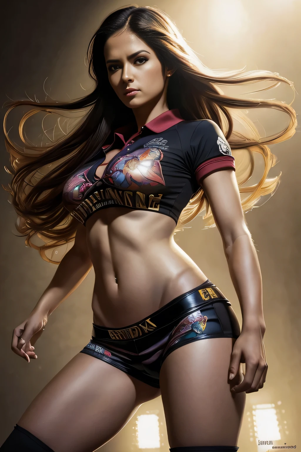 hiper realista, foto realista, (close-up), comic style, primavera escura, Kawaii escuro, em um polo biker shorts, ((usando grandes luvas de boxe)), triple exposure, dedos perfeitos, corpo perfeito, tinta japonesa, Immaculate Composition, dynamic pose, brian Viveros, Katsuya Terada, esao Andrews, anne stokes, dynamic pose, dynamic light and shadow, hiper-realismo, 