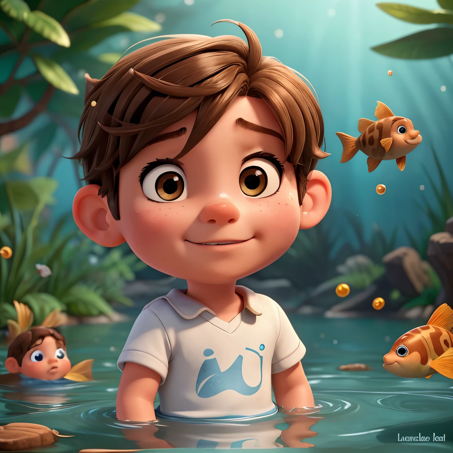 I would like an image of a two year old baby boy with dark blond hair and brown eyes in the style of the Disney film Lucca poster with half of his face in the water with fish scales and half out of the water human