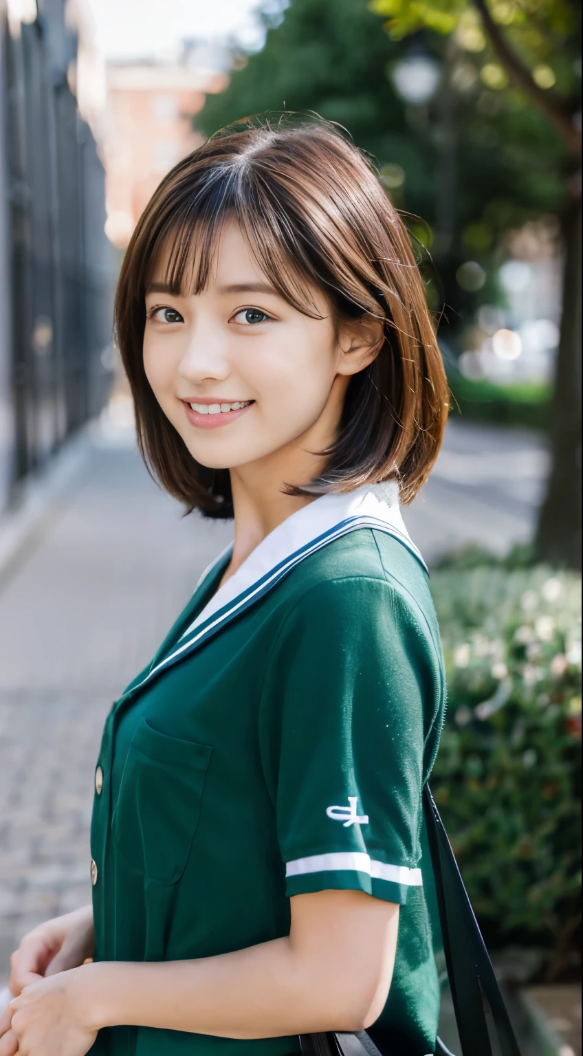 (highest quality,8K quality,masterpiece:1.3),(Ultra-high resolution,Photorealistic:1.4,RAW Photos),(Very detailed,Caustics,Detailed Background),(Ultra-Realistic Capture,Beautiful and detailed skin,Perfect Anatomy),School building,Schoolyard,18-year-old,cute,single eyelid,Black short bob,School Blazer Uniform,Looking at the camera,Laughter,Bust up shot,Natural soft light