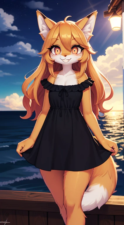 Fox Girl, ((((Furry))), furry, golden fur, long blonde hair, golden fur all over, golden fur on the hands, forelimb hands, golden fur on the back of the hands, palm fur, eyes with light, reddish-orange eyes, super cute face, brown elements on fur, ambient light, super fine fur, volumetric light, night, seaside, clouds in the sky, blue day, natural lighting, smile, fluffy tail, bright pupils, black vestido,