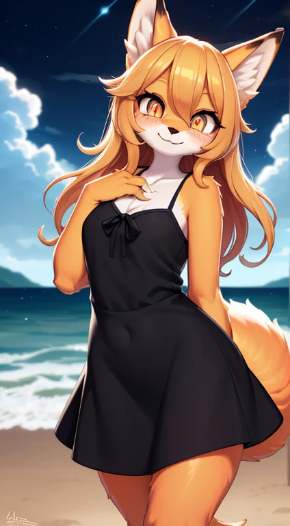 Fox Girl, ((((Furry))), furry, golden fur, long blonde hair, golden fur all over, golden fur on the hands, forelimb hands, golden fur on the back of the hands, palm fur, eyes with light, reddish-orange eyes, super cute face, brown elements on fur, ambient light, super fine fur, volumetric light, night, seaside, clouds in the sky, blue day, natural lighting, smile, fluffy tail, bright pupils, black vestido,