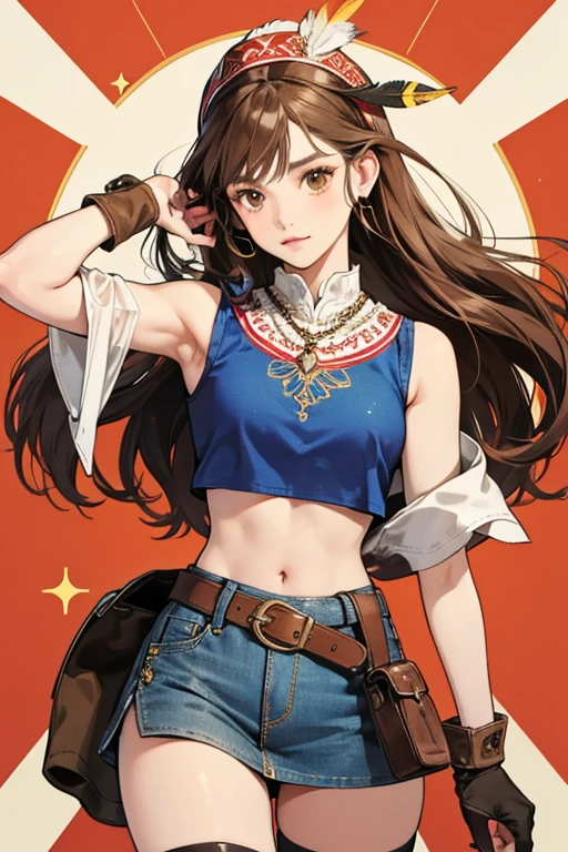 Julia has brown eyes and long brown hair. Julia wears a short, brown, sleeveless crop top with a single crossed lace over a green sleeveless midriff, a blue denim skirt with a brown belt, white knee-high socks and brown cowboy boots with black soles and yellow designs. She also wears a white armband with geometric patterning on her right arm, a matching necklace of traditional design, a red patterned headdress with two feathers on the left-hand side, and brown fingerless gloves with large cuffs that have a red, white, and blue pattern. SPARKLE; GLITTER