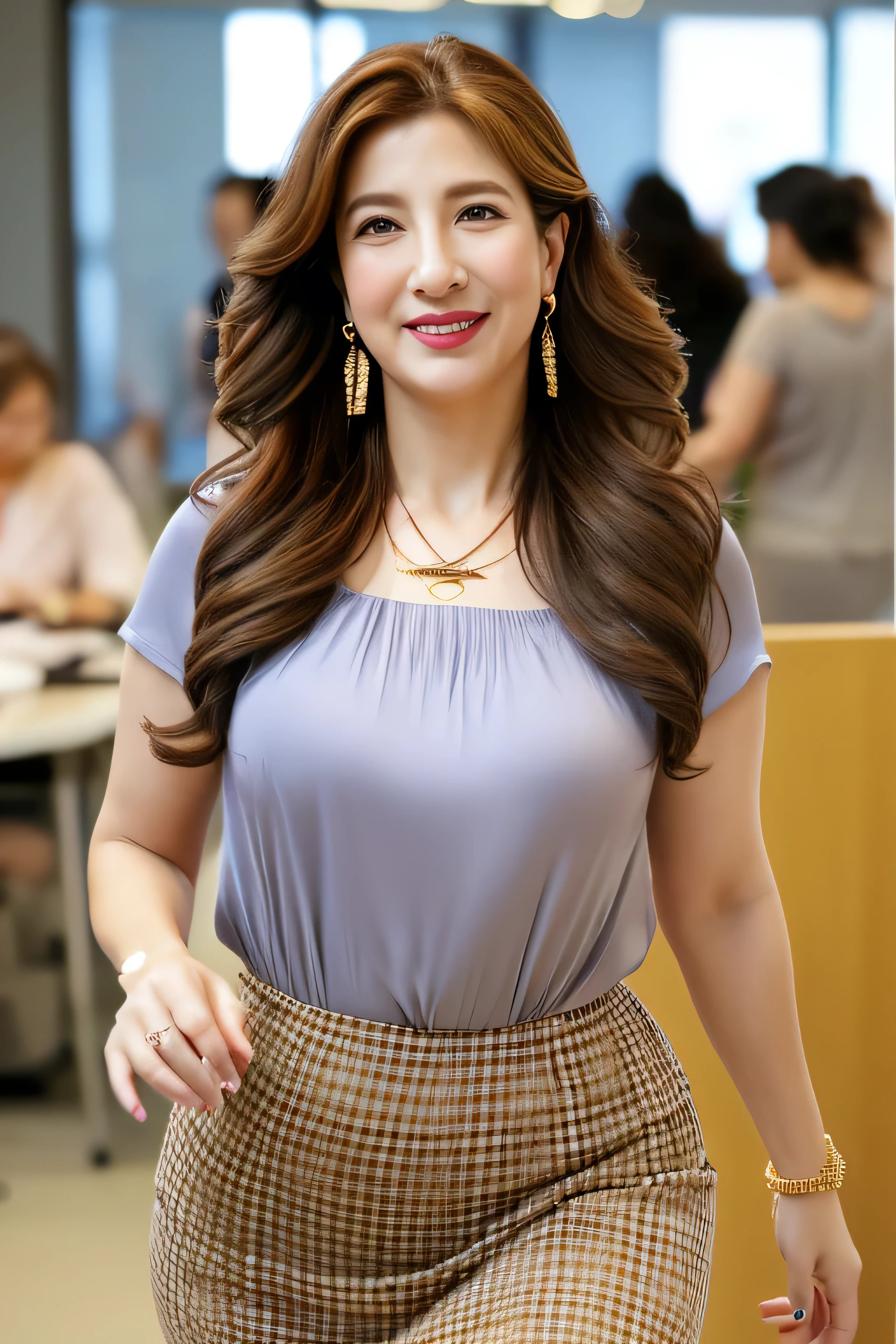 (RAW Photos:1.2), (Photorealistic), Beautiful details, (Genuine: 1.4), Very detailedな目と顔, Beautiful and fine details, Standing in the office、(Ultra-realistic high heels)、Large file size, High resolution, Very detailed, highest quality, [masterpiece:1.6], Awareness-raising, Very detailed, Hmph, In detail, highest quality, 8k wallpaper, One mature woman, 43 years old, Perfect figure, Cute droopy eyes,Beautiful big eyes、Pieck Finger, ((Tabletop)), highest quality, One mature woman, eye shadow, Portraiture, ((Full Body Shot:1.4))((brown super long hair:1.2))((Loosely wavy hair:1.3))((Gold Necklace＿Big earrings:1.3))Seductive beautiful mature elite secretary in luxurious silk blouse、Wearing a satin blouse, Ultra-thin fabric、Smooth、See-through fabric、Standing Elegantly、Full Body Shot、((Full figured supermodel standing, Full body in frame))Checkered pleated skirt、((A shy smile:1.3)),((With a smile_Running towards here_Long flowing hair_Breathtakingly beautiful:1.3))Full Body Shot、((Full figured supermodel standing, Full body in frame))