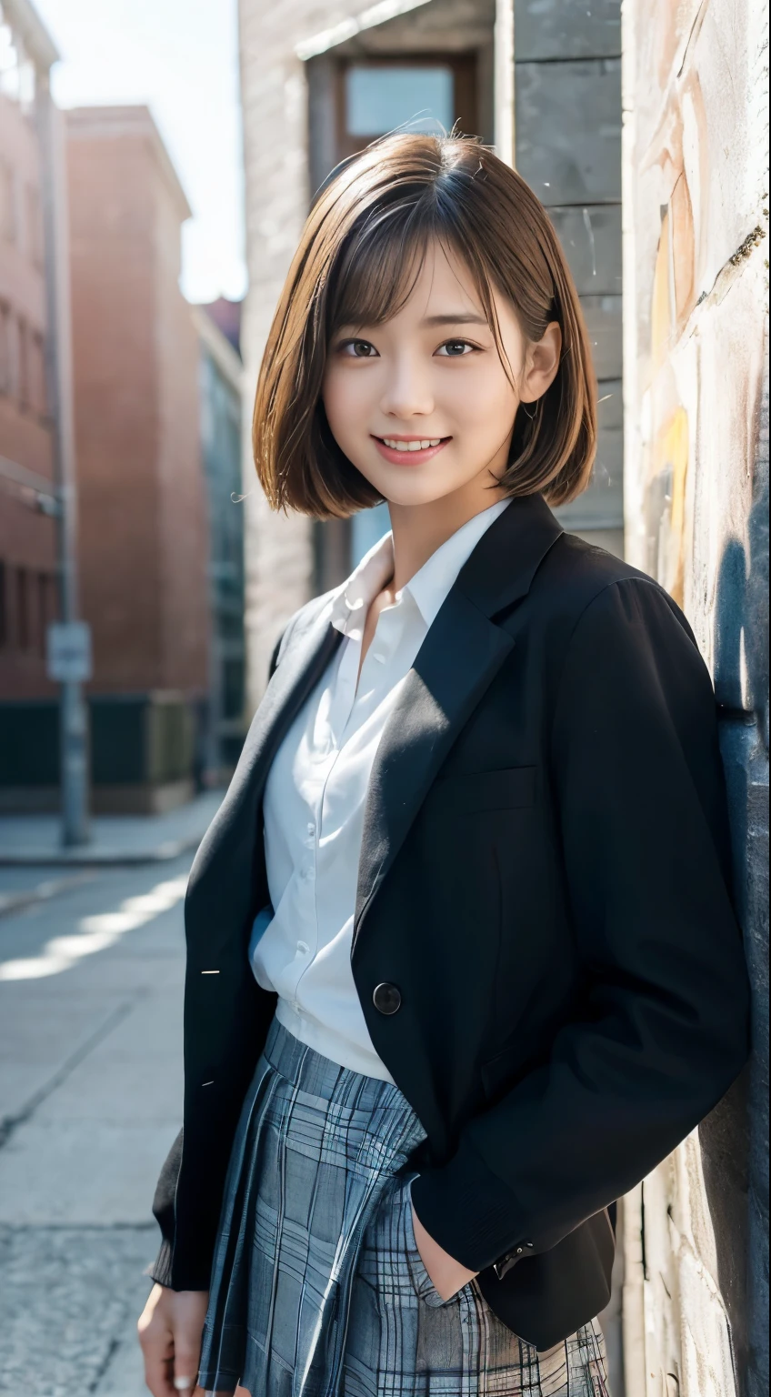 (highest quality,8K quality,masterpiece:1.3),(Ultra-high resolution,Photorealistic:1.4,RAW Photos),(Very detailed,Caustics,Detailed Background),(Ultra-Realistic Capture,Beautiful and detailed skin,Perfect Anatomy),School building,Schoolyard,18-year-old,cute,single eyelid,Black short bob,School Blazer Uniform,Looking at the camera,Laughter,Bust up shot,Natural soft light
