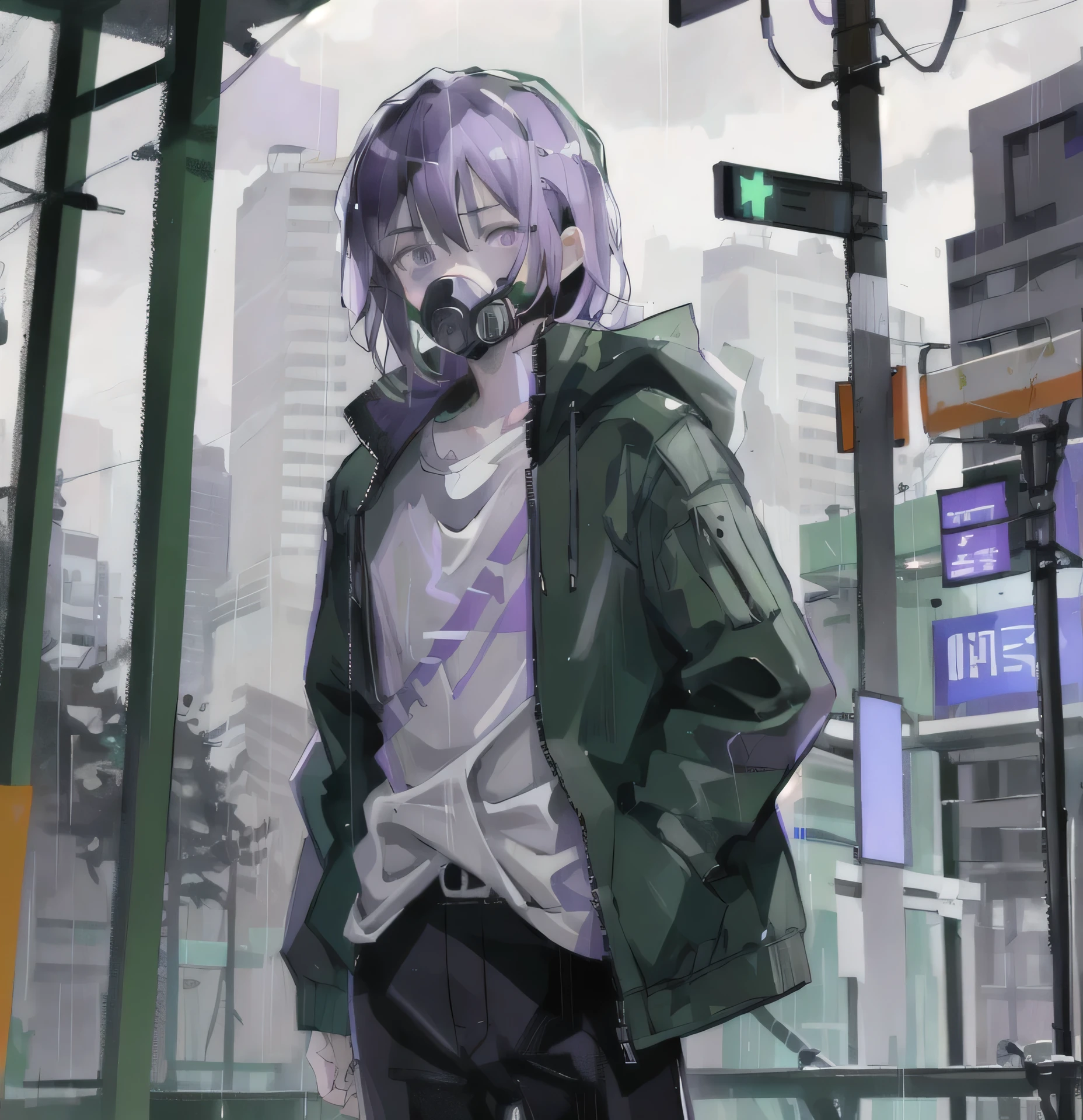 Anime, young boy , dark purple shoulder length hair, purple eyes, dark green jacket, white shirt gas mask, black pants, in the rain, rain city, grey sky, detailed, 4k, masterpiece,