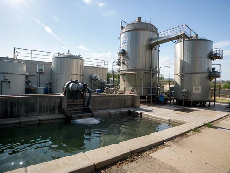 "Make a picture showing a wastewater treatment plant which consists of several process stages. The first stage is collecting wastewater from different sources. Then, the wastewater is channeled to the initial processing stage which consists of initial settling, filtering and biological treatment "After that, the waste water is channeled to the final processing stage which consists of final settling, filtering and chemical treatment. Finally, the treated waste water will be released into the environment."