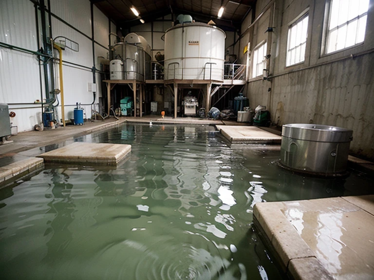 "Make a picture showing a wastewater treatment plant which consists of several process stages. The first stage is collecting wastewater from different sources. Then, the wastewater is channeled to the initial processing stage which consists of initial settling, filtering and biological treatment "After that, the waste water is channeled to the final processing stage which consists of final settling, filtering and chemical treatment. Finally, the treated waste water will be released into the environment."