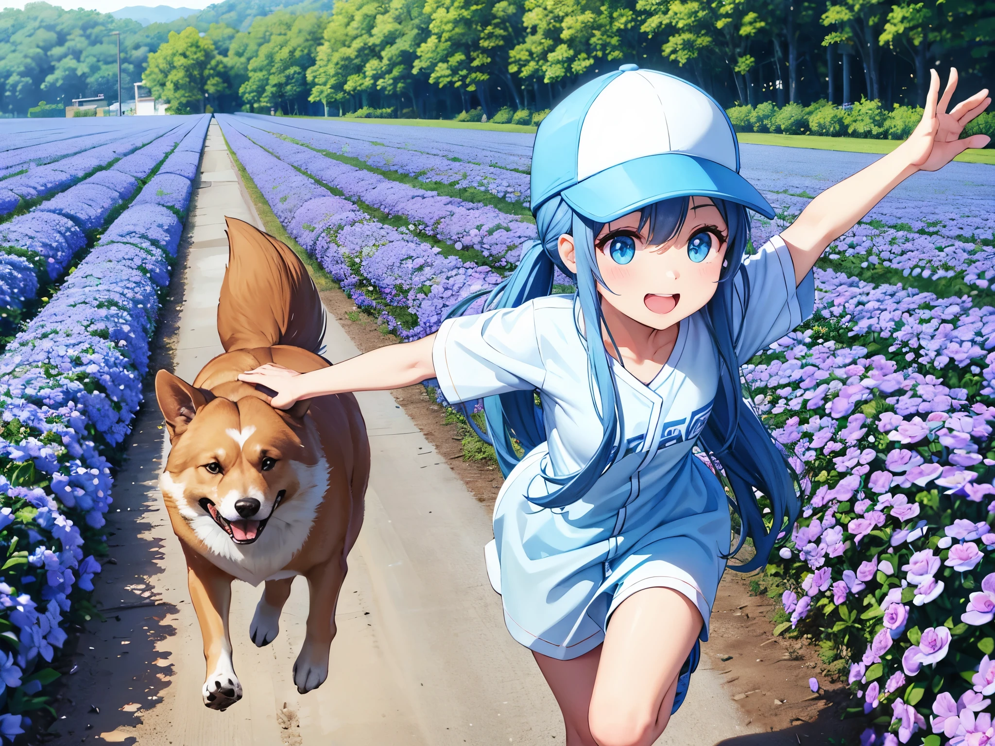 Light blue long hair、Beautiful girl with twin tails、Bright smile、Wearing a cap, running through a flower field、My dog is also running happily with me.、Bigger in the center、looking at the camera、