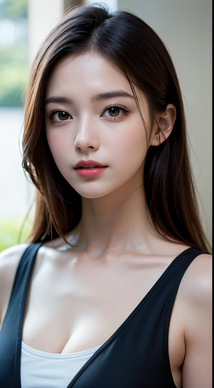 Fashion model 25 years old [[[[close-up]]], [[[[chest]]]], [[[[neck]]], [shoulders]]]]], Perfect eyes, Perfect iris, Perfect lips, Perfect teeth, Perfect skin, Soft front light, Glow, HDR, (Soft color: 1.2), Best quality, masterpiece, ultra high res, (photorealistic:1.37), raw photo, 1girl, long hair, beautifull eyes, beautifull face, detailed eyes and face, t-shirt, dynamic lighting, in the dark, table top, highest quality, realistic, Super detailed, finely, High resolution, 8k wallpaper, 1 beautiful woman, light brown messy hair, He is wearing an open-necked shirt., sharp focus, perfect dynamic composition, beautiful and detailed eyes, thin hair, Detailed realistic skin texture, smile, close-up portrait, model body shape, mile, close-up portrait, model body shape, body shape,cleavage, tropical beach, thin and long legs Translated with DeepL.com (free version)Top Quality, Masterpiece, (Realistic:1.2), 1 girl, detailed face, beautiful eyes, (Masterpiece:1.2, Top Quality), (fine beautiful eyes: 1. 2), (highly detailed Cg Unity 8K wallpaper, Masterpiece, Top Quality, super detailed, best shadow), (detailed background), (beautiful detailed face, beautiful detailed eyes), high contrast, (best lighting, very delicate and beautiful),1girll, beautiful detailed glow, glamorous body, blond hair, purple eyes, best quality, Masterpiece, (Real:1. 2),tropical seaside, very detailed, super high resolution, super high image quality,