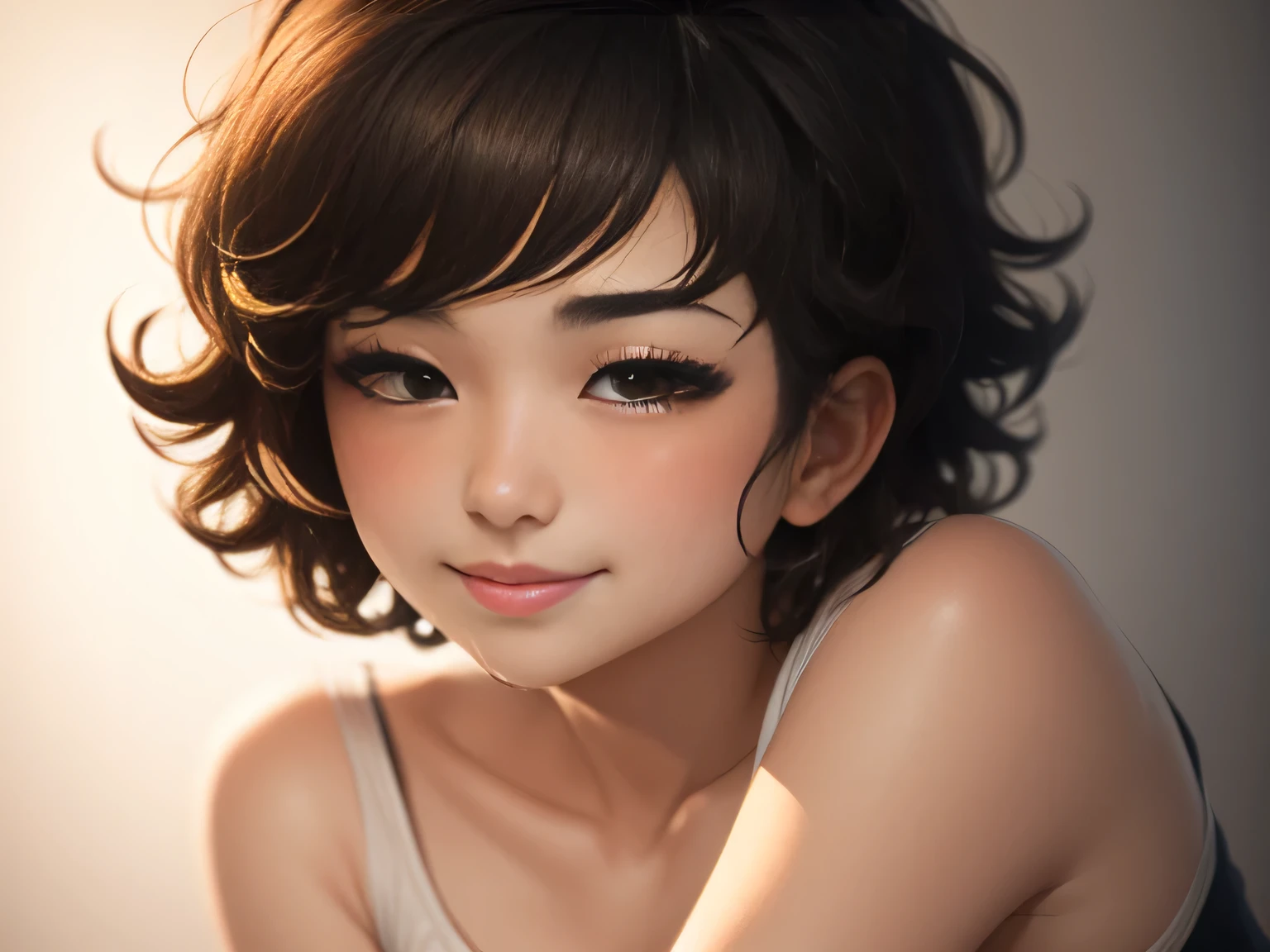 kawakami sadayo, one girl, brown eyes, white background, short hair, extremely detailed, blushing, sweating, wet, ((soft, soft light, gentle)), yellow, small breasts, full body shot, smirk