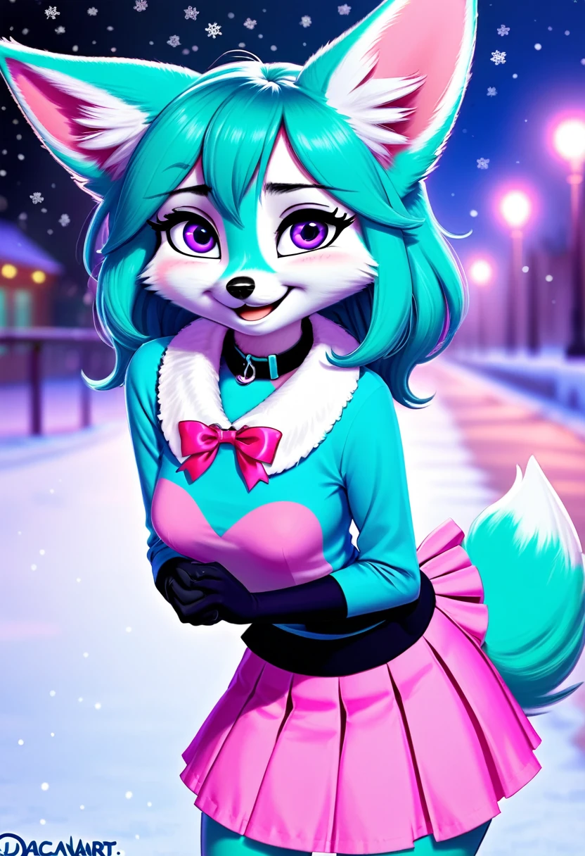 Zootopia, fennec, short, shortstack, super adorable, adult girl, solo, white fur, pink claws, pink skirt, teal eyes, purple eye shadow, purple hilights, smile, smiling, embarrassed, pinky hair ribbon, long black hair, messy hair, female, femboy, girly, cute, pink collar, fluffy tail, shy, winter, all fours, upskirt, topless, pussy blush, canine pussy, raised tail, (mouse:0.9), (kobold:0.9), thick tail, (by Carrot), (by Dacad), (by Jay Naylor), (by Louart)
