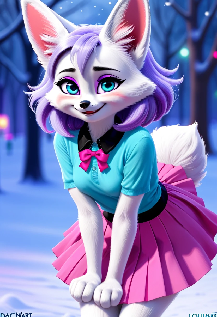 Zootopia, fennec, short, shortstack, super adorable, adult girl, solo, white fur, pink claws, pink skirt, teal eyes, purple eye shadow,  purple hilights, smile, smiling, embarrassed, pinky hair ribbon, long black hair, messy hair, female, femboy, girly, cute, pink collar, fluffy tail, shy, winter, all fours, upskirt, topless, pussy blush, canine pussy, raised tail, (mouse:0.9), (kobold:0.9), thick tail, (by Carrot), (by Dacad), (by Jay Naylor), (by Louart)