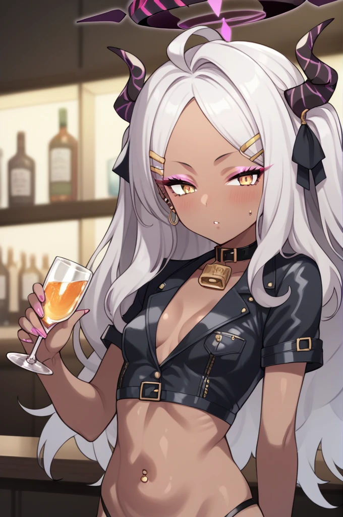 Score_9, score_8_up, score_7_up, source_anime, solo, 1girl, mature female, hina_\(blue_archive\), horns, halo, silver hair, parted bangs, small breast, long eyelashes, Gyaru, dark skin, dark-skinned female, makeup, pink eyeshadow, parted lips, piercings, tanned skin, shiny skin, metallic tan, BRAKE crop top, short sleeves, posing in bar, drinking glass, drunk, light blush, dim lighting