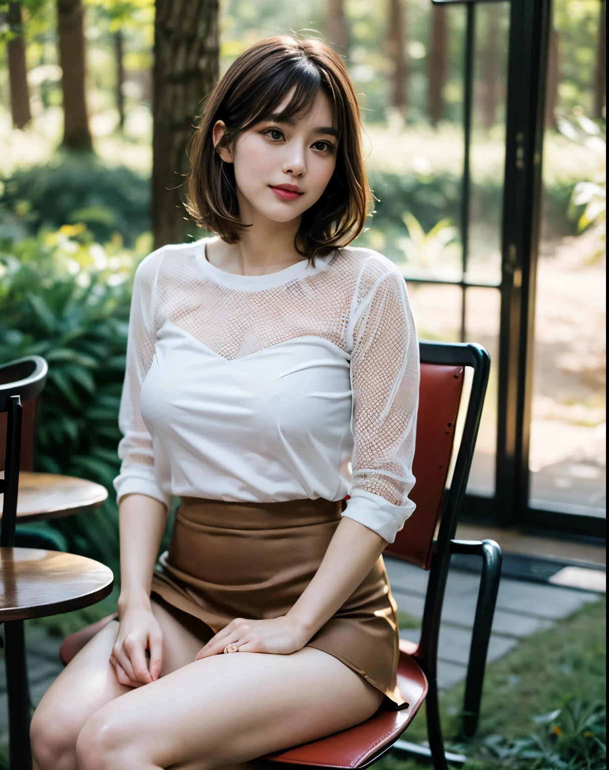 Soft Light, (((Medium Hair:1.3), Short bangs, Floating Hair NovaFrogStyle)), ((ultimate beautiful wife)), 20th Generation, Fine grain, (Big eyes:1.3), Lip details, Very detailedな顔, Beautiful and sophisticated nose, Long eyelashes, ((Big and ample breasts)), Realistic face, Realistic body, Beautiful thighs, (White transparent tight mesh blouse:1.3)、(Brown tight micro mini skirt:1.4)、The chest of the clothes is wide open、You can see the whole body down to the toes.、stockings、(sit cross-legged on a chair:1.3), With background：((Cafe in the forest, Kobe))、(RAW Photos, highest quality), (Realistic, Realistic:1.3), Very detailed, A light smile, High resolution