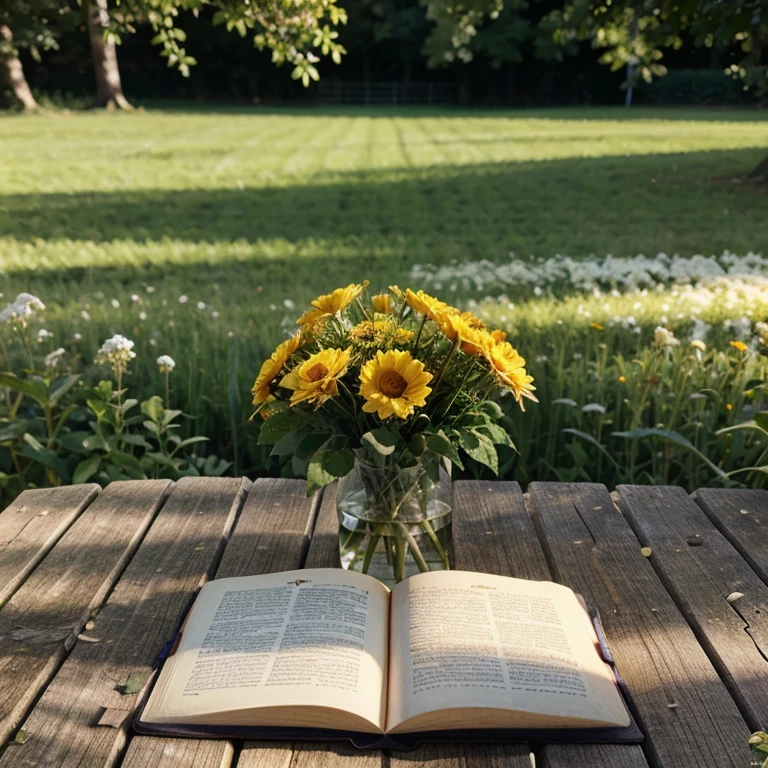 A book with flowers posing in the sunlight on the field