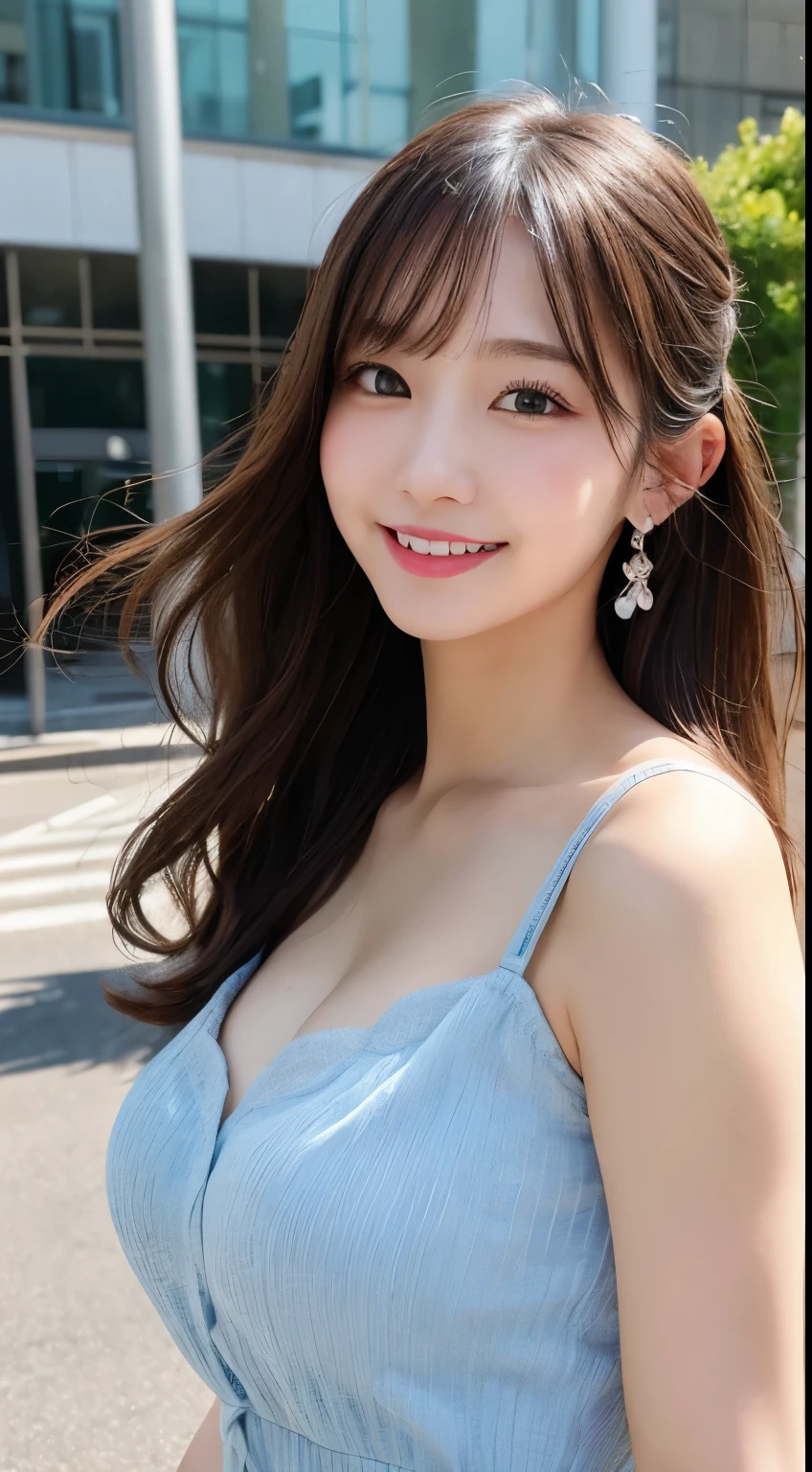 Tabletop, highest quality, figure, Very detailed, In detail, High resolution, 8k wallpaper, Perfect dynamic composition, Beautiful fine details, Summer Dresses,Medium Hair, Big Breasts, Natural color lip, Random sexy poses,smile,Aoyama Street Walk、20-year-old girl、cute