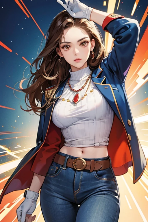 Julia has brown eyes and long brown hair. outfit is her researcher work-wear, which consists of a blue denim blazer jacket over a white long-sleeved collared midriff with a blue collar and linings at the edge, blue jeans with a brown belt along with blue and white patterned design resembles a chain adorned with a feather and three white flowery designs and white sneakers. Her finger-less gloves are now white with red ribbon and spike designs, and she wears red glasses with this outfit. Julia also wears a three turquoise bead necklace along with a matching bead bracelet on her right wrist. SPARKLE; GLITTER